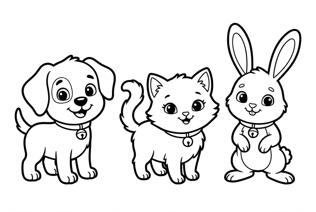 Puppy, kitten and bunny line art being colored in